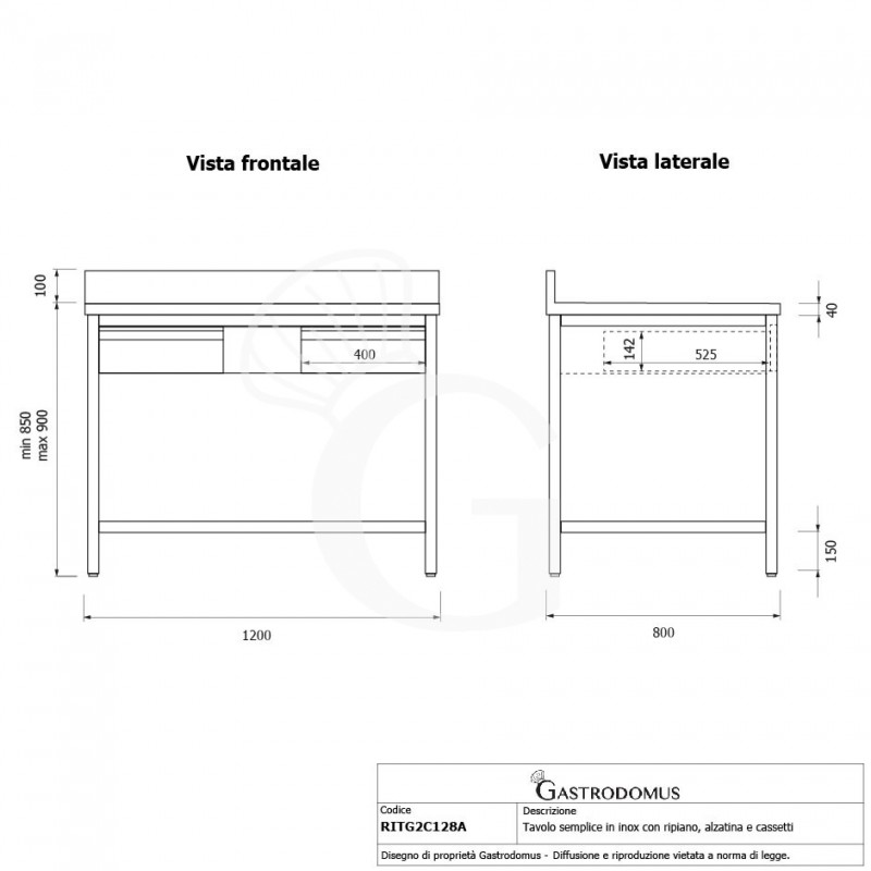 Tavolo inox ripiano alzatina 2 cassetti L 1200 mm x P 800 mm x H 950 mm