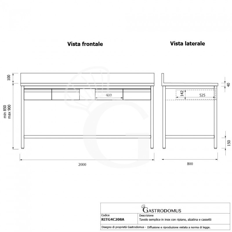 Tavolo inox ripiano alzatina 4 cassetti L 2000 mm x P 800 mm x H 950 mm