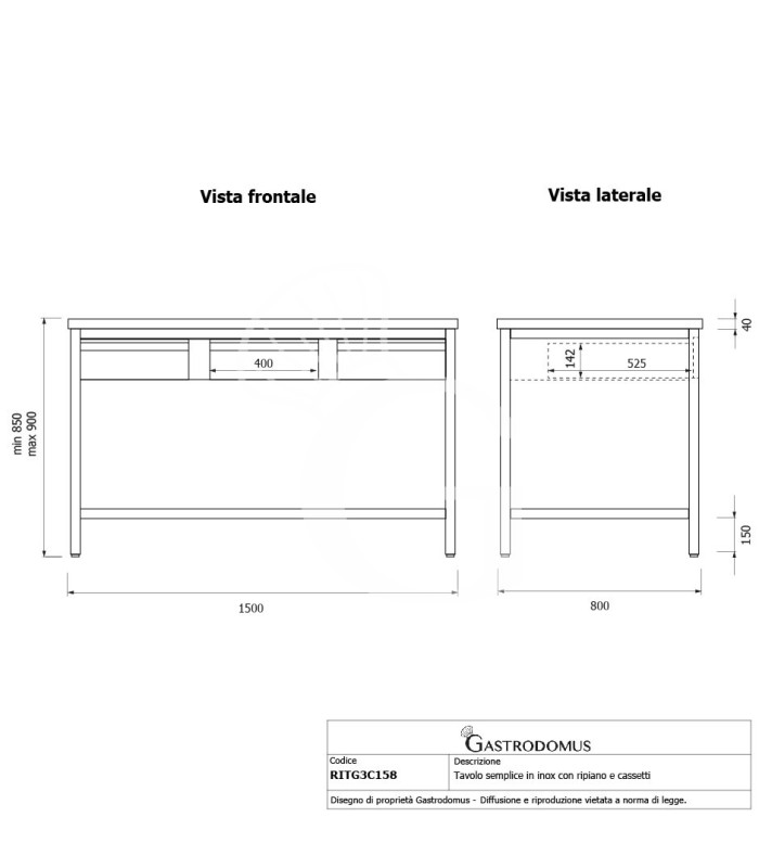 Tavolo inox ripiano 3 cassetti L 1500 mm x P 800 mm x H 850 mm