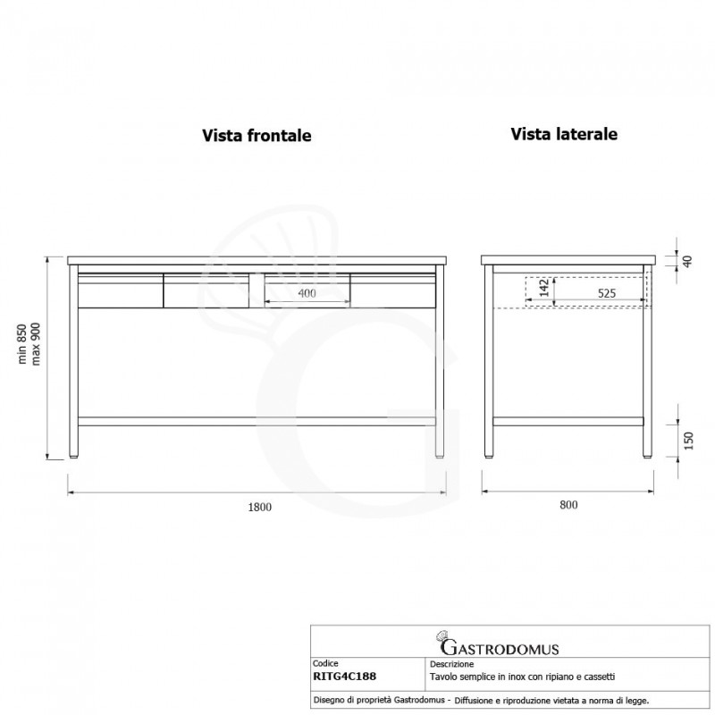 Tavolo inox ripiano 4 cassetti L 1800 mm x P 800 mm x H 850 mm