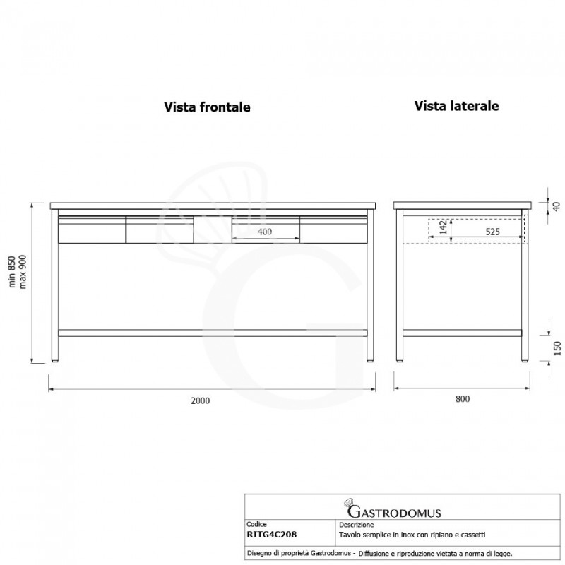 Tavolo inox ripiano 4 cassetti L 2000 mm x P 800 mm x H 850 mm