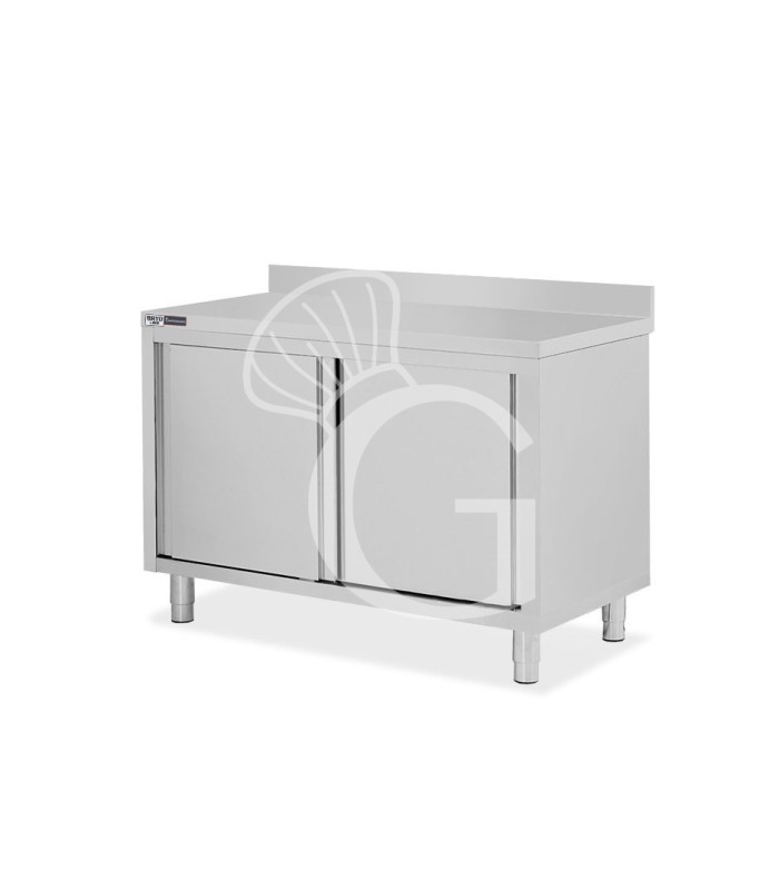 Tavolo armadiato inox con 2 porte scorrevoli e alzatina, L 1300 mm x P 600 mm x H 950 mm