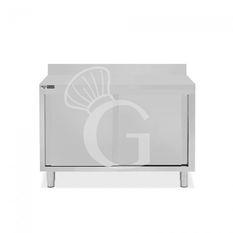 Tavolo armadiato inox con 2 porte scorrevoli e alzatina, L 1300 mm x P 600 mm x H 950 mm Tavolo armadiato inox con 2 porte scorrevoli e alzatina, L 1300 mm x P 600 mm x H 950 mm