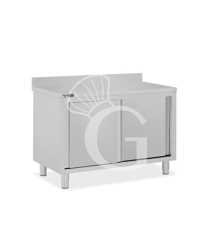 Tavolo armadiato inox con 2 porte scorrevoli e alzatina, L 1300 mm x P 600 mm x H 950 mm