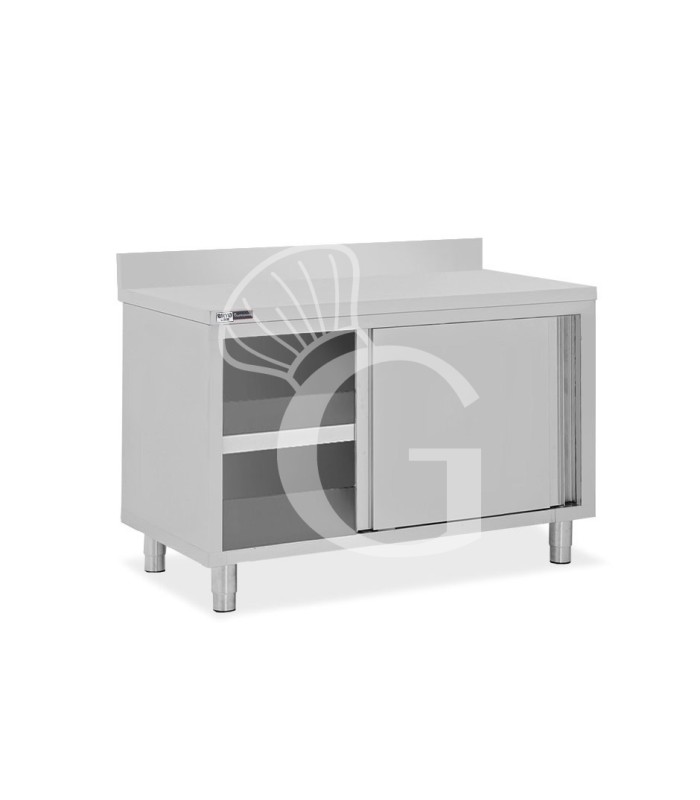 Tavolo armadiato inox con 2 porte scorrevoli e alzatina, L 1300 mm x P 600 mm x H 950 mm