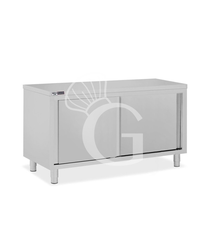 Tavolo armadiato in acciaio inox con 2 porte scorrevoli, L 1600 mm x P 600 mm x H 850 mm