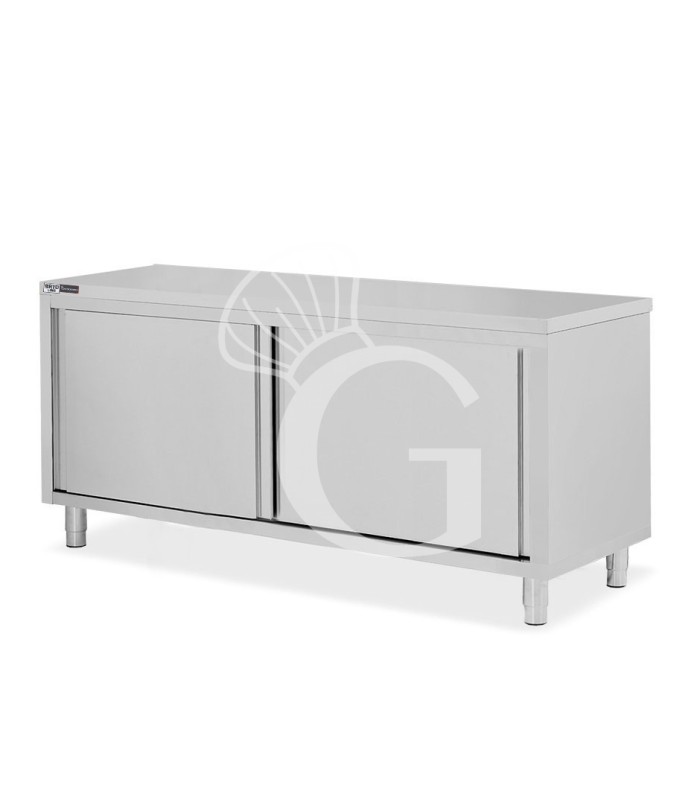 Tavolo armadiato in acciaio inox con 2 porte scorrevoli, L 2000 mm x P 600 mm x H 850 mm