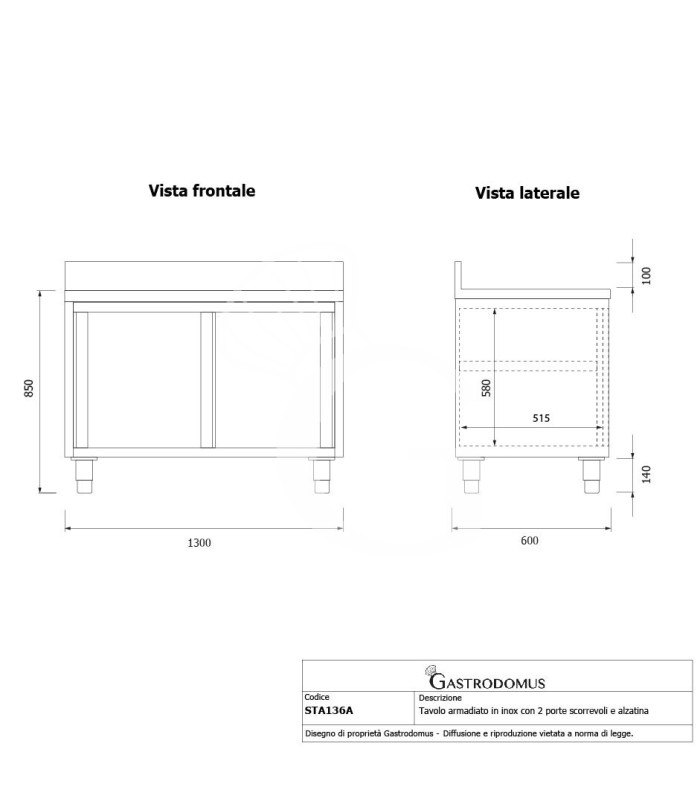 Tavolo armadiato inox con 2 porte scorrevoli e alzatina, L 1300 mm x P 600 mm x H 950 mm