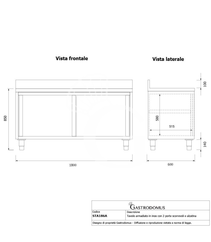 Tavolo con 2 porte scorrevoli e alzatina, L 1800 mm x P 600 mm x H 950 mm