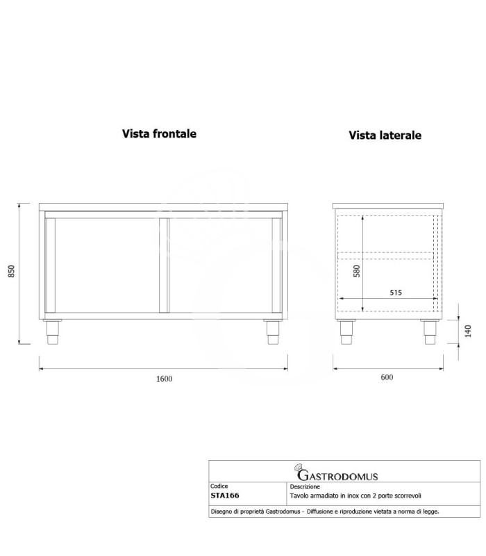 Tavolo armadiato in acciaio inox con 2 porte scorrevoli, L 1600 mm x P 600 mm x H 850 mm