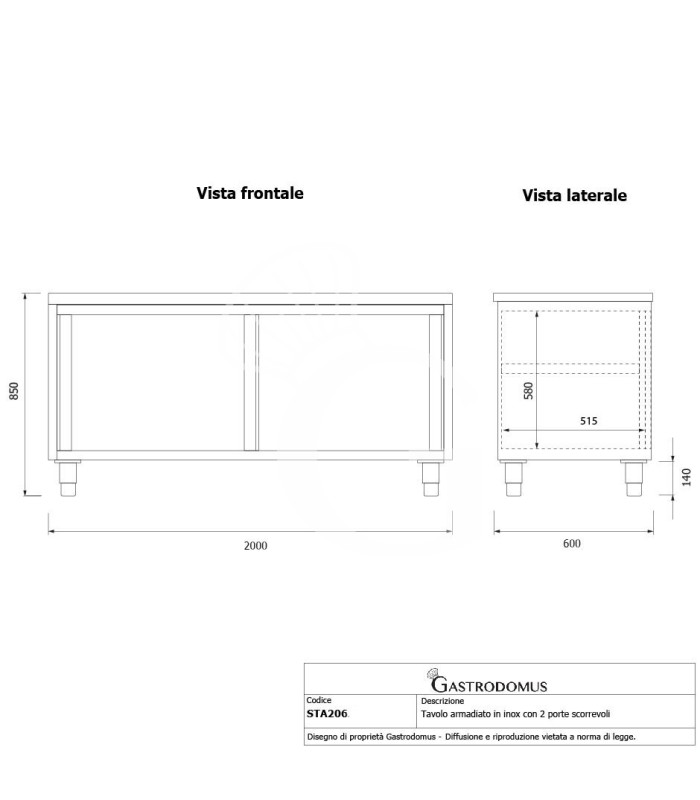 Tavolo armadiato in acciaio inox con 2 porte scorrevoli, L 2000 mm x P 600 mm x H 850 mm