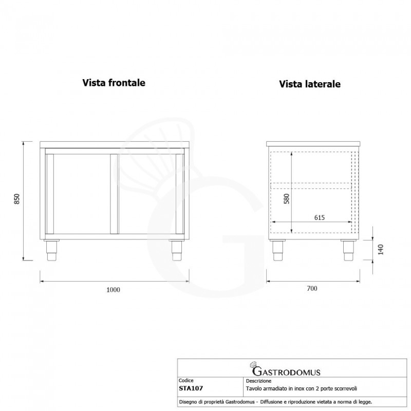 Tavolo armadiato in acciaio inox con 2 porte scorrevoli, L 1000 mm x P 700 mm x H 850 mm