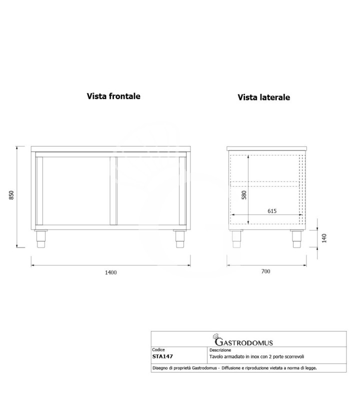 Tavolo armadiato in acciaio inox con 2 porte scorrevoli, L 1400 mm x P 700 mm x H 850 mm