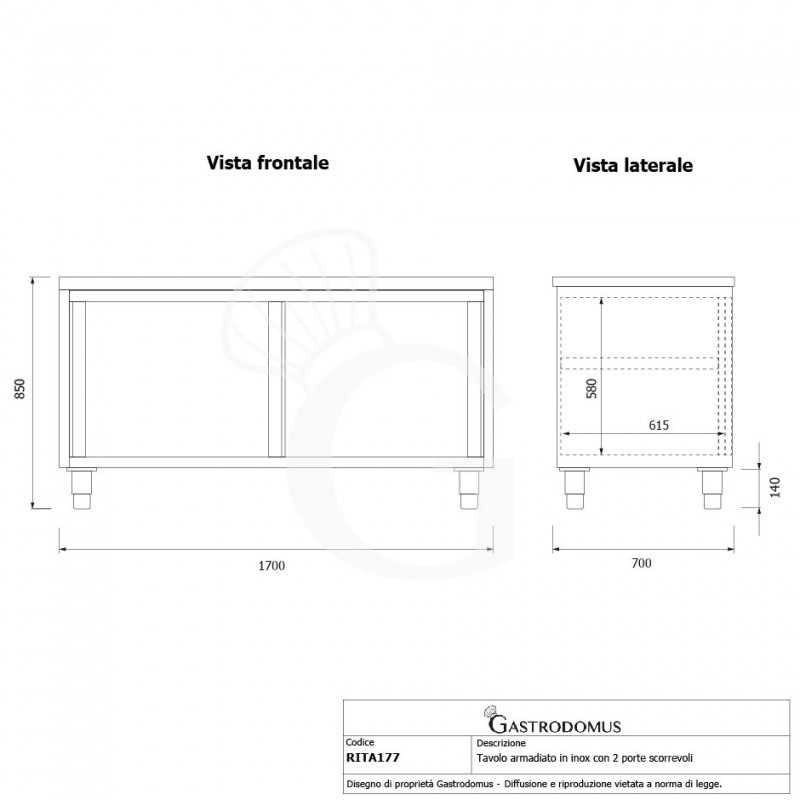 Tavolo armadiato in acciaio inox con 2 porte scorrevoli, L 1700 mm x P 700 mm x H 850 mm