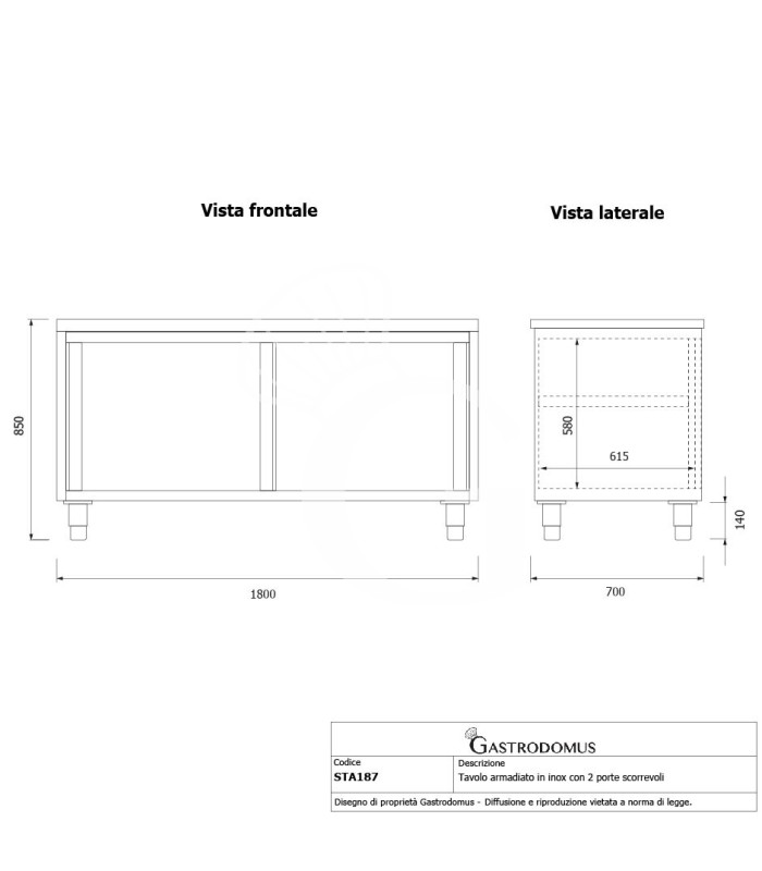 Tavolo armadiato in acciaio inox con 2 porte scorrevoli, L 1800 mm x P 700 mm x H 850 mm