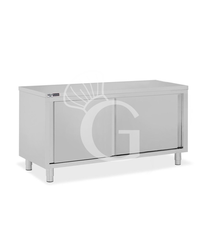 Tavolo armadiato in acciaio inox con 2 porte scorrevoli, L 1800 mm x P 700 mm x H 850 mm