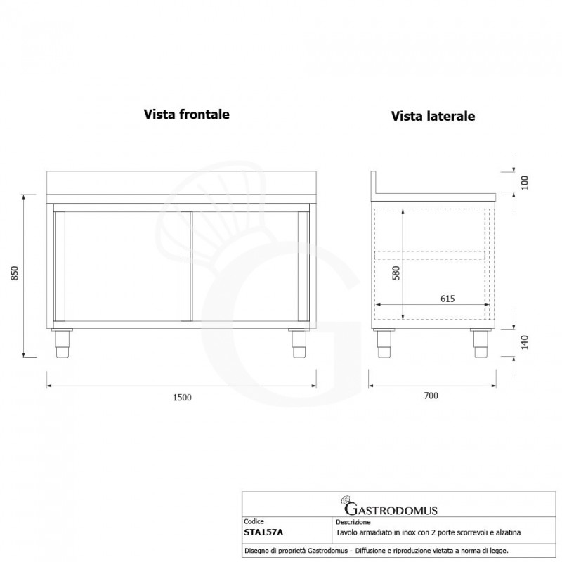 Tavolo con 2 porte scorrevoli e alzatina, L 1500 mm x P 700 mm x H 950 mm