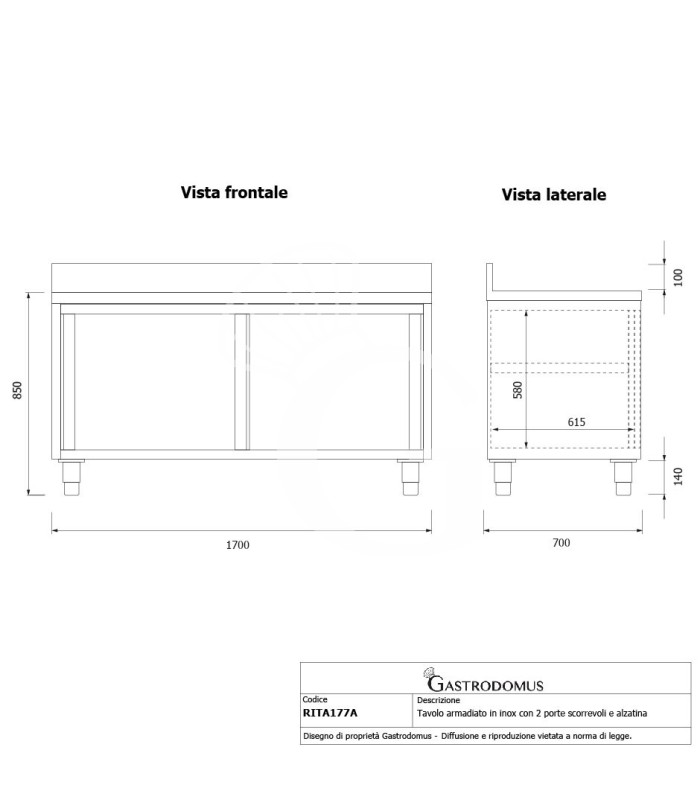 Tavolo con 2 porte scorrevoli e alzatina, L 1700 mm x P 700 mm x H 950 mm