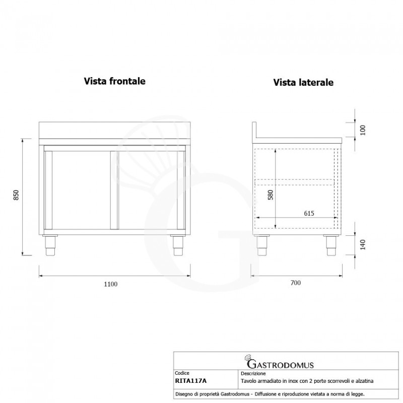 Tavolo con 2 porte scorrevoli e alzatina, L 1100 mm x P 700 mm x H 950 mm
