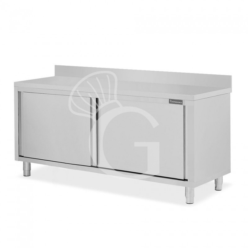 Tavolo armadiato in acciaio inox 2 porte scorrevoli, alzatina, L 2000 mm x P 700 mm x H 950 mm