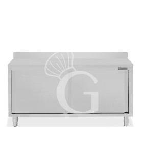 Tavolo armadiato in acciaio inox 2 porte scorrevoli, alzatina, L 2000 mm x P 700 mm x H 950 mm