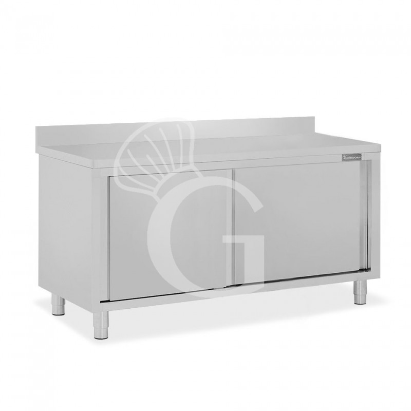 Tavolo armadiato in acciaio inox 2 porte scorrevoli, alzatina, L 2000 mm x P 700 mm x H 950 mm