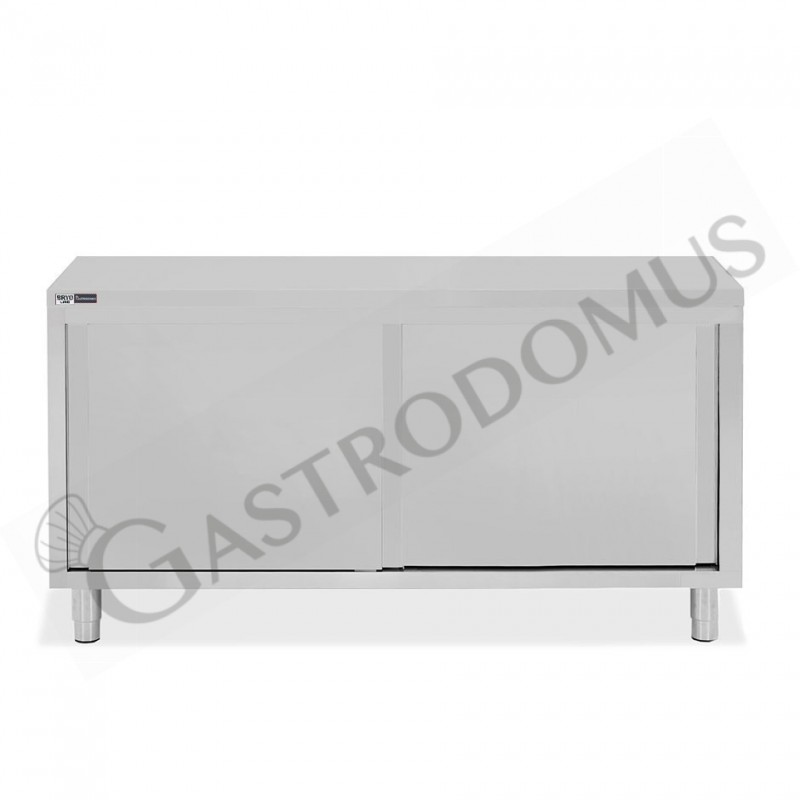 Tavolo armadiato in acciaio inox con 2 porte scorrevoli, L 1600 mm x P 800 mm x H 850 mm Tavolo armadiato in acciaio inox con 2 porte scorrevoli, L 1600 mm x P 800 mm x H 850 mm