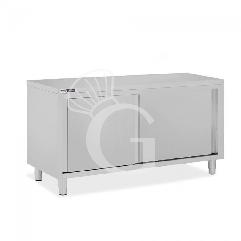 Tavolo armadiato in acciaio inox con 2 porte scorrevoli, L 1600 mm x P 800 mm x H 850 mm