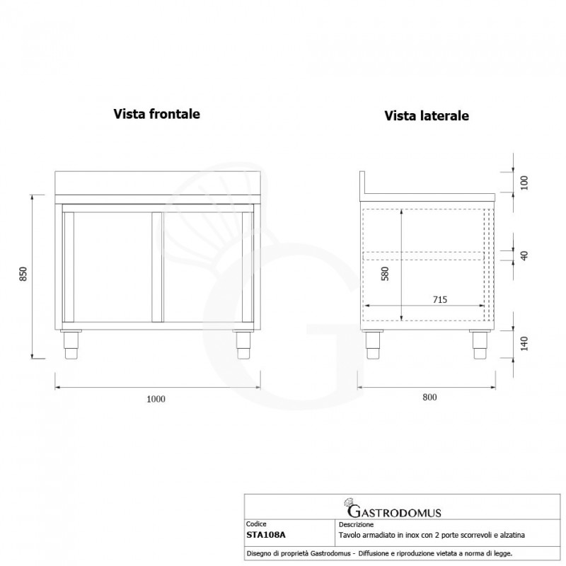 Tavolo inox armadiato con 2 porte scorrevoli e alzatina, L 1000 mm x P 800 mm x H 950 mm