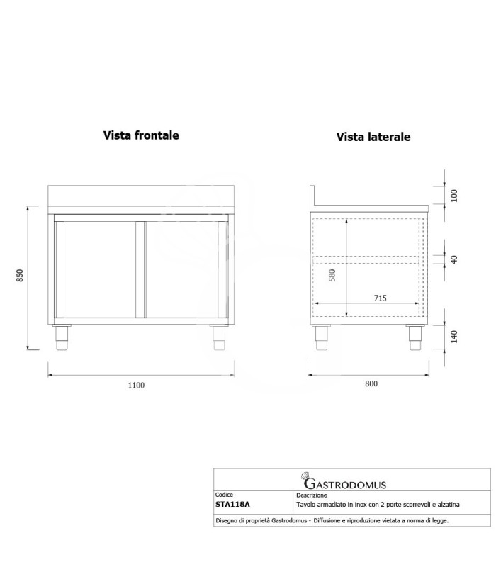 Tavolo inox armadiato con 2 porte scorrevoli e alzatina, L 1100 mm x P 800 mm x H 950 mm