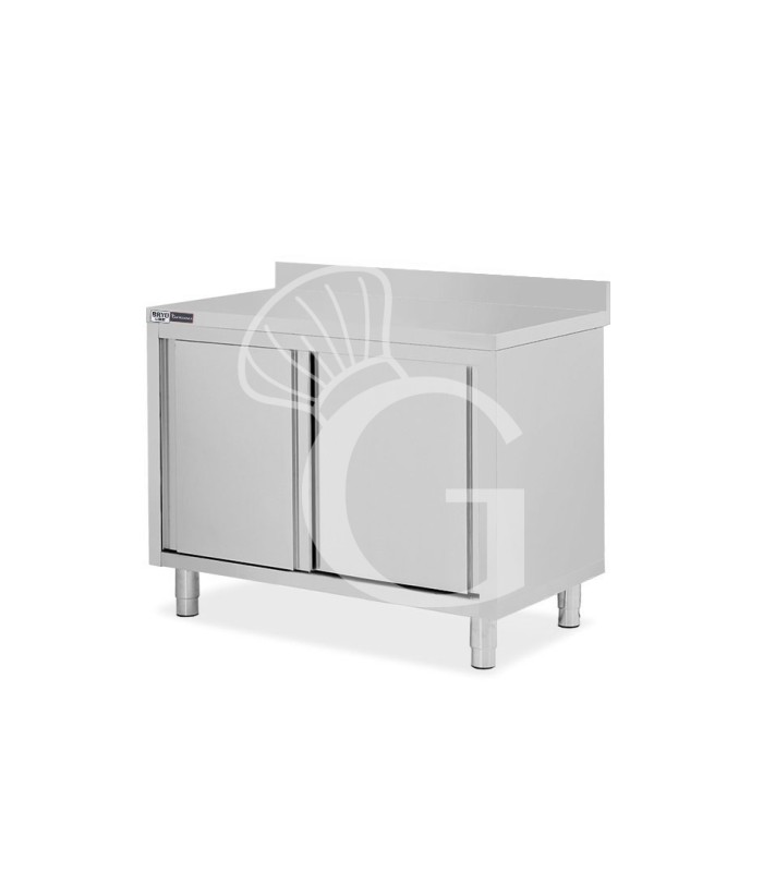 Tavolo inox armadiato con 2 porte scorrevoli e alzatina, L 1100 mm x P 800 mm x H 950 mm