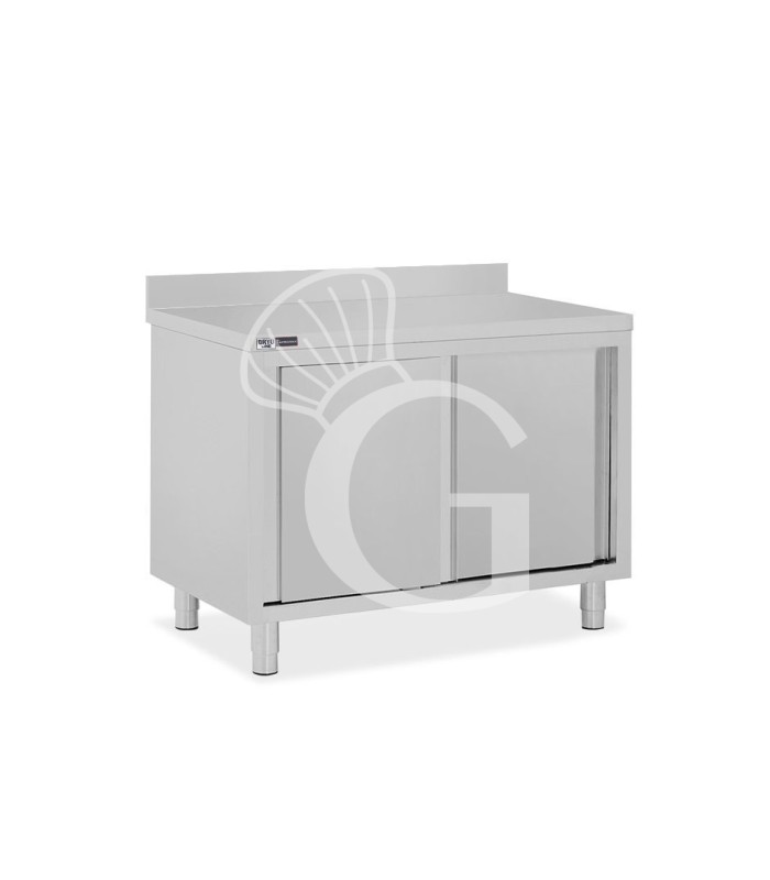 Tavolo inox armadiato con 2 porte scorrevoli e alzatina, L 1100 mm x P 800 mm x H 950 mm