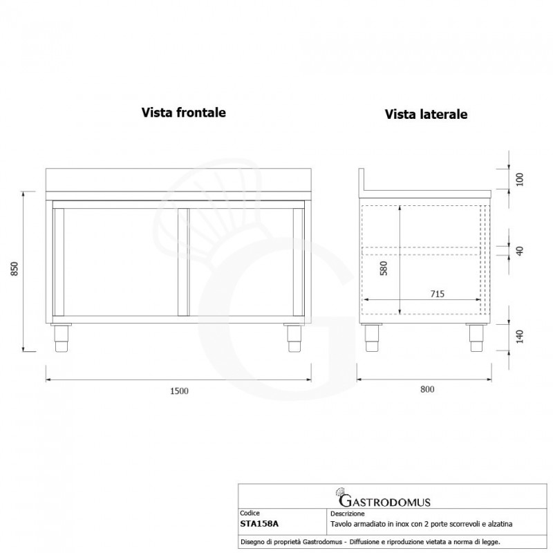 Tavolo inox armadiato con 2 porte scorrevoli e alzatina, L 1500 mm x P 800 mm x H 950 mm