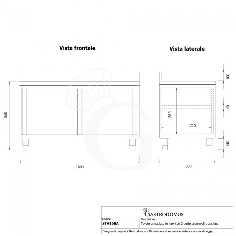 Tavolo inox armadiato con 2 porte scorrevoli e alzatina, L 1600 mm x P 800 mm x H 950 mm