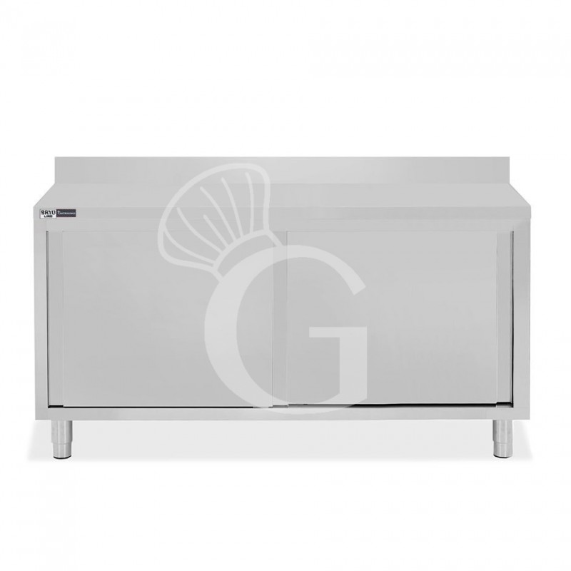 Tavolo inox armadiato con 2 porte scorrevoli e alzatina, L 1800 mm x P 800 mm x H 950 mm