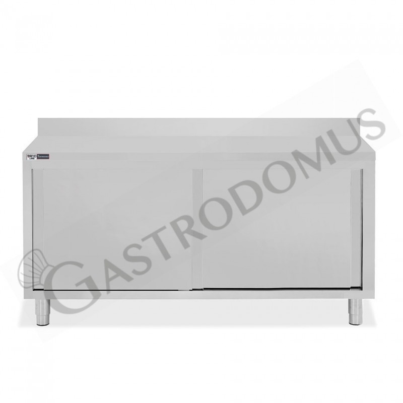 Tavolo inox armadiato con 2 porte scorrevoli e alzatina, L 1900 mm x P 800 mm x H 950 mm Tavolo inox armadiato con 2 porte scorrevoli e alzatina, L 1900 mm x P 800 mm x H 950 mm