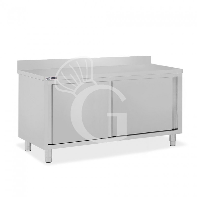 Tavolo inox armadiato con 2 porte scorrevoli e alzatina, L 1900 mm x P 800 mm x H 950 mm