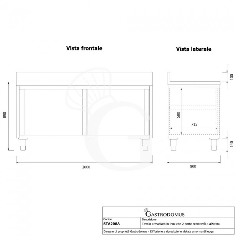 Tavolo inox armadiato con 2 porte scorrevoli e alzatina, L 1900 mm x P 800 mm x H 950 mm