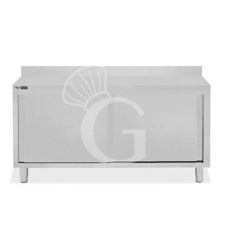 Tavolo inox armadiato con 2 porte scorrevoli e alzatina, L 2000 mm x P 800 mm x H 950 mm Tavolo inox armadiato con 2 porte scorrevoli e alzatina, L 2000 mm x P 800 mm x H 950 mm