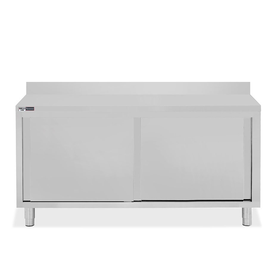 Tavolo inox armadiato con 2 porte scorrevoli e alzatina, L 2000 mm x P 800 mm x H 950 mm