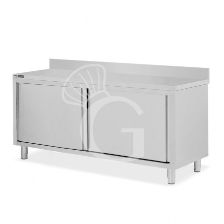 Tavolo inox armadiato con 2 porte scorrevoli e alzatina, L 2000 mm x P 800 mm x H 950 mm Tavolo inox armadiato con 2 porte scorrevoli e alzatina, L 2000 mm x P 800 mm x H 950 mm