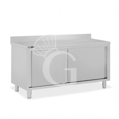 Tavolo inox armadiato con 2 porte scorrevoli e alzatina, L 2000 mm x P 800 mm x H 950 mm Tavolo inox armadiato con 2 porte scorrevoli e alzatina, L 2000 mm x P 800 mm x H 950 mm