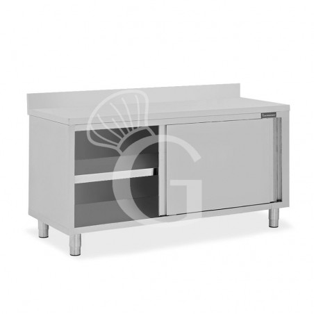 Tavolo inox armadiato con 2 porte scorrevoli e alzatina, L 2000 mm x P 800 mm x H 950 mm Tavolo inox armadiato con 2 porte scorrevoli e alzatina, L 2000 mm x P 800 mm x H 950 mm