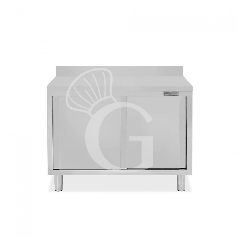 Tavolo inox armadiato con 2 porte scorrevoli e alzatina, L 1000 mm x P 800 mm x H 950 mm Tavolo inox armadiato con 2 porte scorrevoli e alzatina, L 1000 mm x P 800 mm x H 950 mm