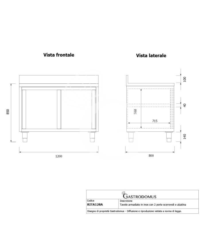 Tavolo inox armadiato con 2 porte scorrevoli e alzatina, L 1200 mm x P 800 mm x H 950 mm