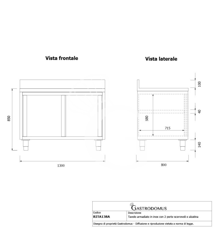 Tavolo inox armadiato con 2 porte scorrevoli e alzatina, L 1300 mm x P 800 mm x H 950 mm
