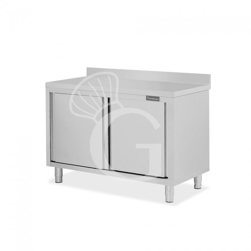 Tavolo inox armadiato con 2 porte scorrevoli e alzatina, L 1300 mm x P 800 mm x H 950 mm Tavolo inox armadiato con 2 porte scorrevoli e alzatina, L 1300 mm x P 800 mm x H 950 mm