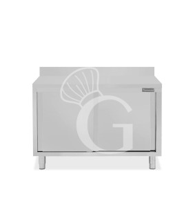 Tavolo inox armadiato con 2 porte scorrevoli e alzatina, L 1300 mm x P 800 mm x H 950 mm