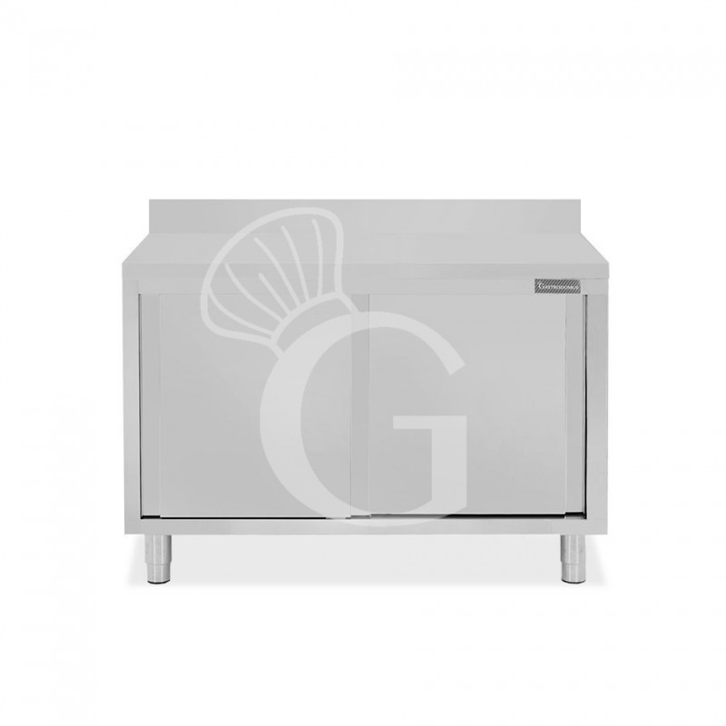 Tavolo inox armadiato con 2 porte scorrevoli e alzatina, L 1300 mm x P 800 mm x H 950 mm Tavolo inox armadiato con 2 porte scorrevoli e alzatina, L 1300 mm x P 800 mm x H 950 mm