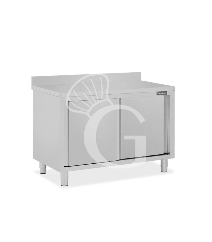Tavolo inox armadiato con 2 porte scorrevoli e alzatina, L 1300 mm x P 800 mm x H 950 mm